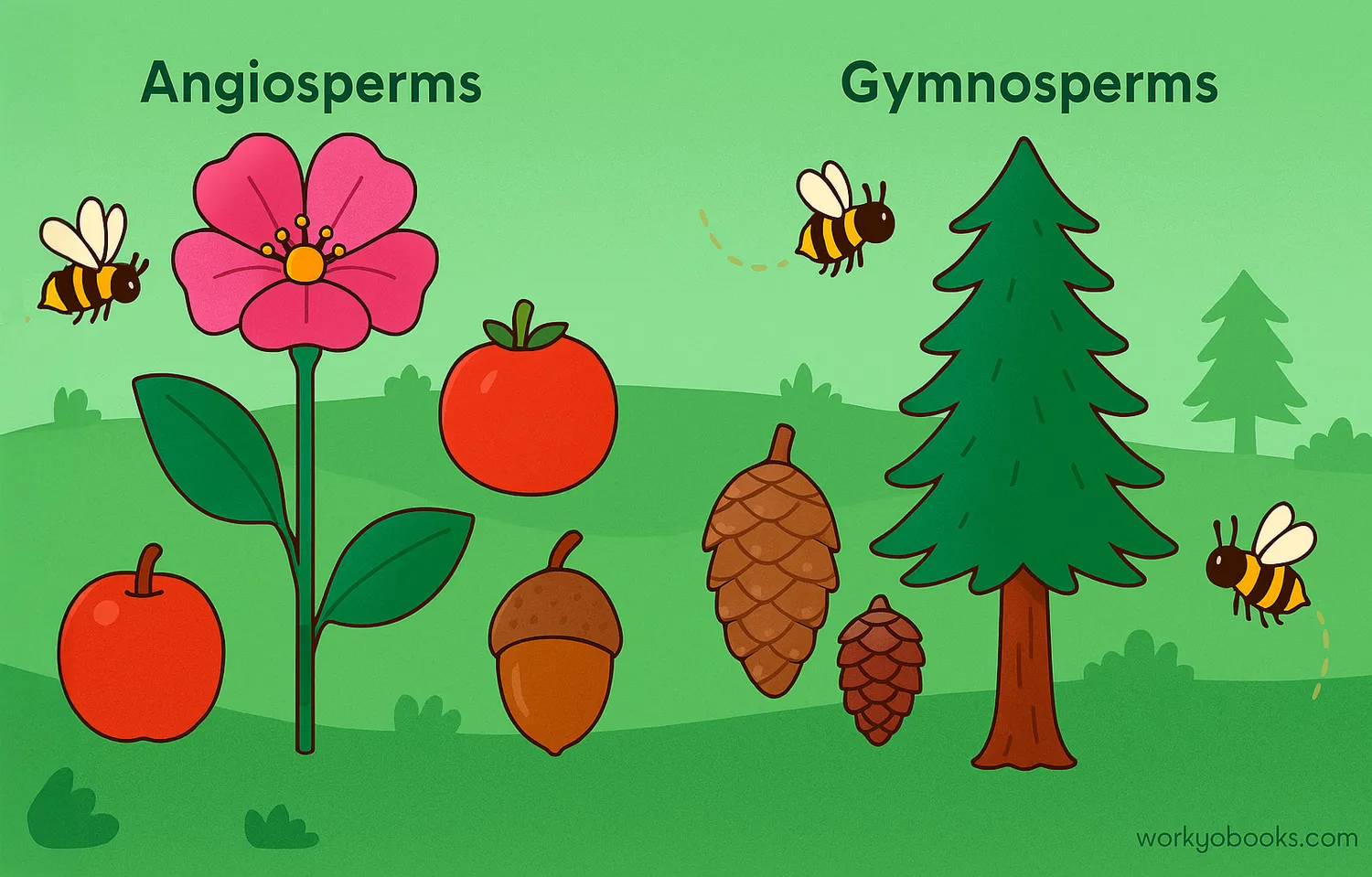 Angiosperms with flowers and fruits; Gymnosperms with cones and evergreen trees. Caption: Seed plants: Angiosperms use flowers and fruits, Gymnosperms rely on cones and needles.
